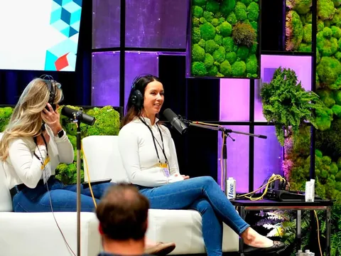 Recording the podcast in front of the living moss wall at The Buildings Show